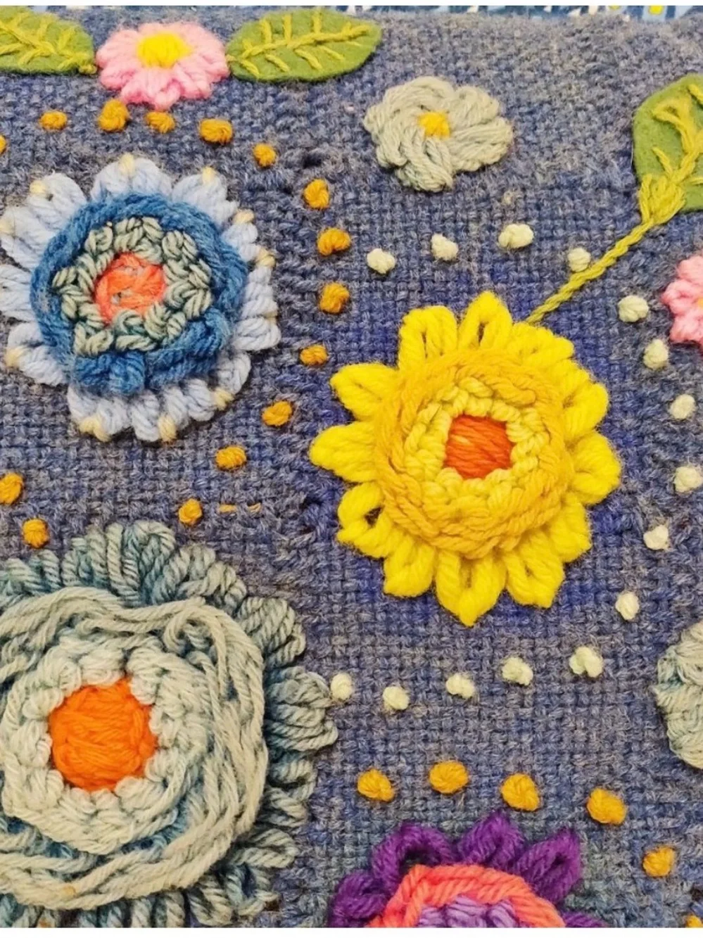 Vintage Wool Crewel Embroidered Pillow MOD Funky Flower Print Handmade 3D